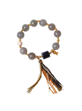 天然和田玉冰料烟灰圆珠搭配青花桶珠原创款手链女款玉石手串饰品