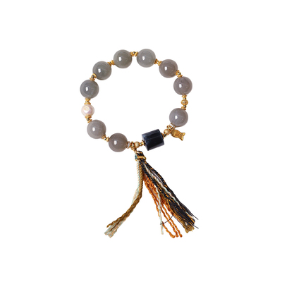 天然和田玉冰料烟灰圆珠搭配青花桶珠原创款手链女款玉石手串饰品