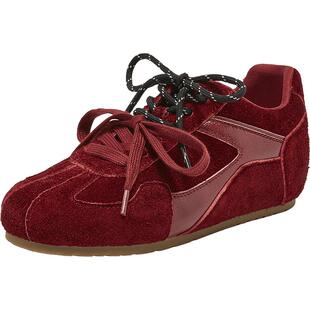 百思图2026春新款牛皮厚底内增高红色德训鞋运动休闲女鞋A9992AM6