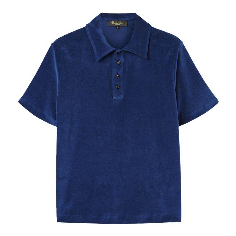 Loro Piana/诺悠翩雅男装棉质和桑蚕丝混纺雪尼尔针织蓝色Polo衫