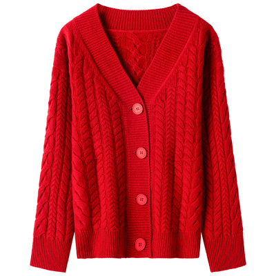 V领100%纯羊毛开衫女针织