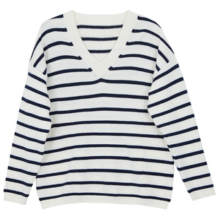 Lavinia 100%羊毛针织衫女春秋新款通勤百搭气质蓝白条纹毛衣