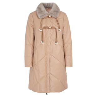 马天奴秋冬新款女咖色水貂毛领盘扣中长款羽绒服保暖外套时尚百搭