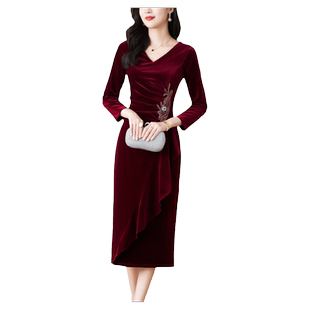 酒红金丝绒连衣裙女2025春秋新款正式场合婆婆妈妈参加婚礼服长款