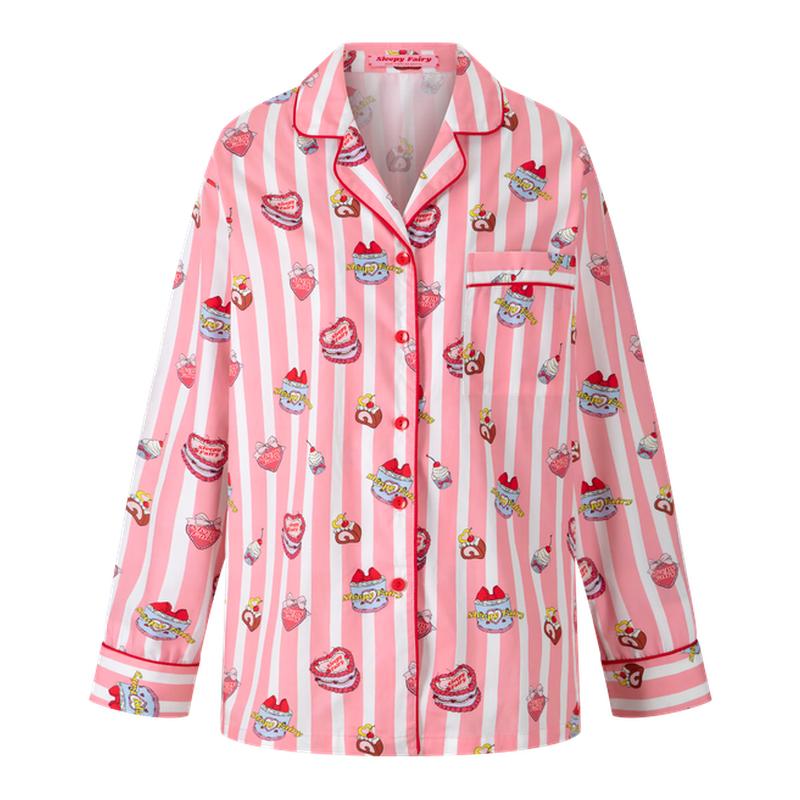 SleepyFairy生日蛋糕粉色条纹纯棉睡衣长袖套装美式复古家居服女