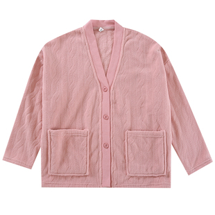 日系开衫睡衣女士雪粒绒起居服上衣秋冬提花法兰绒纯色情侣家居服