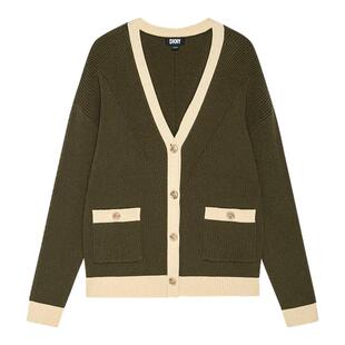 DKNY唐可娜儿V领针织开衫外套女装撞色上衣复古时尚宽松休闲潮流
