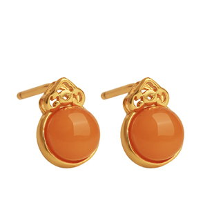 小银匠天然蜜蜡纯银葫芦耳钉女中式国风黄色玉石宝石水晶耳饰耳环