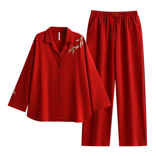 悦内大红色睡衣女春秋款秋季长袖纯棉家居服本命年马年新中式国风