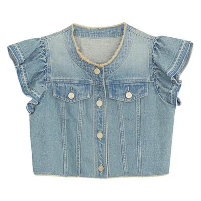 谜底牛仔马甲外套女夏新品复古文艺风荷叶袖短上衣242MW0562
