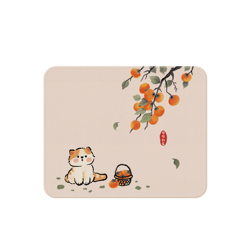 皮质轻奢办公鼠标垫女生可爱猫咪与柿子鼠标垫子小号高颜值滑鼠垫