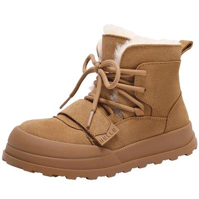 百丽童鞋厚底中筒雪地靴女中童新款商场款加绒魔术贴短靴A5354D95