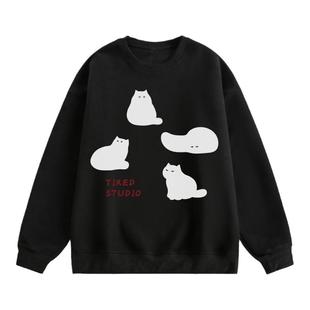 TIRED猫咪印花加绒长袖卫衣男女同款圆领宽松套头衫百搭休闲上衣
