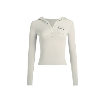 莫代尔V领后背镂空连帽长袖T恤女