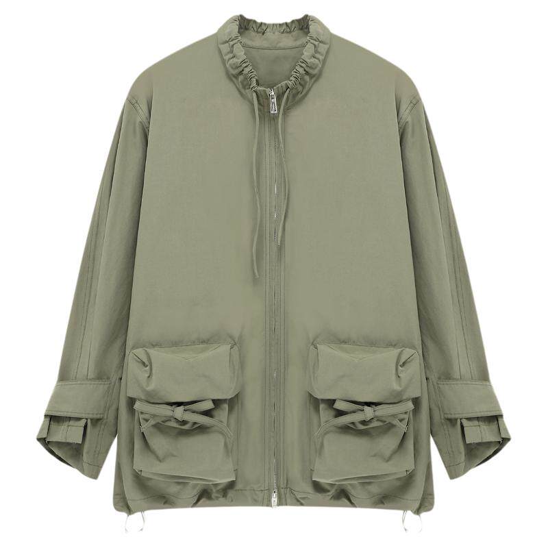 Basic House/百家好工装风军绿色立领拉链风衣外套短款夹克上衣女
