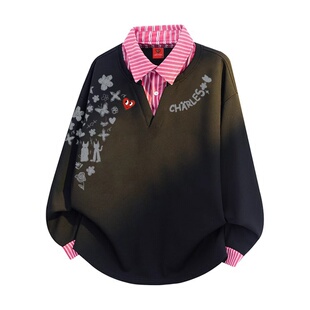 查尔斯桃心美式假两件翻领卫衣男春秋季涂鸦印花撞色拼接情侣上衣