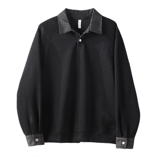 特价 牛仔布拼料翻领卫衣男秋冬潮奢撞色落肩350g重磅长袖POLO衫