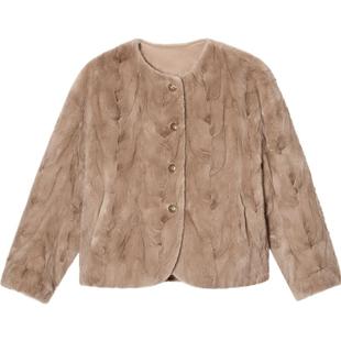 诗篇专选圆领保暖桑蚕丝填充内胆皮草水貂外套2025新款