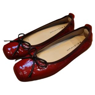 春季新款休闲平底牛皮鞋子方头软底浅口酒红色芭蕾舞蝴蝶结单鞋女