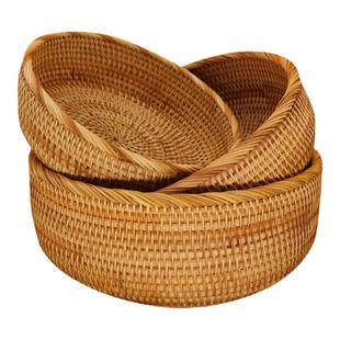 水果篮越南藤编竹编收纳筐客厅圆形编织水果盘草编馒头筐托盘家用