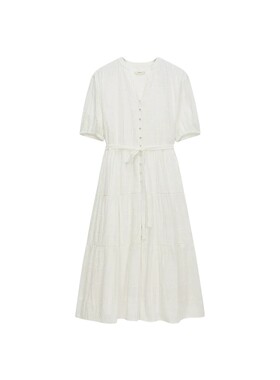 OCHIRLY欧时力 轻薄缩褶V领中袖连衣裙长裙A字配腰带夏季新品