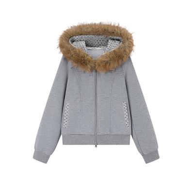 ablueberry波点连帽毛领卫衣短款