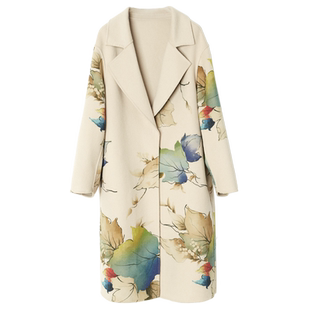 YUESPACE双面羊毛大衣时尚印花毛呢外套女宽松长款过膝西装领休闲