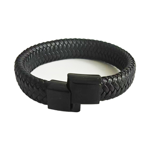 潮男手工编织牛皮绳手镯欧美简约个性真皮黑色钛钢情侣礼物手环女