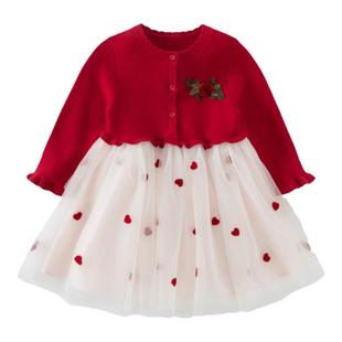 戴维贝拉儿童连衣裙春装女童针织毛衣网纱长袖红色新年裙子童装