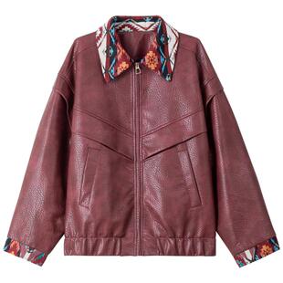 KEIKO 安可拉红撞色翻领皮衣外套26春季机车风时髦羊腿袖皮夹克