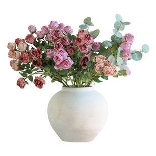 油画5头焦边玫瑰仿真花高级感逼真假花摆设复古做旧插花干花摆件