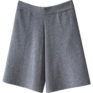 日韩系复古松紧腰毛线针织五分短裤女秋冬外穿百搭显瘦阔腿中靴裤