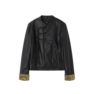 XWI欣未新中式国风PU皮外套女2026春季黑色酷飒气质短款盘扣上衣