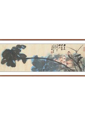 网红张大千水墨荷花装饰画国画新中式客厅背景墙横幅卧房床头画裱