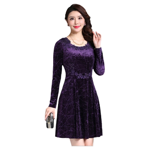 古贝莎品牌女装春秋绣花金丝绒修身显瘦妈妈装结婚礼服连衣裙