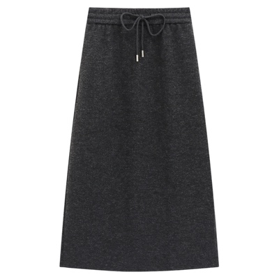 Basic House/百家好2025冬季新款A字半身裙女灰色抽绳中长款裙子