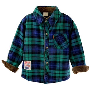 男童红格子加绒衬衫寸婴儿童外套小童女宝宝磨毛加厚保暖衬衣冬季