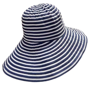 日系可折叠夏季条纹渔夫帽女新款长防晒帽子时尚盆帽大头围太阳帽