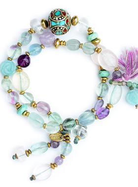 夏花.玫瑰彩色萤石紫玉髓芙蓉晶白水晶双层手链度假lotus mann