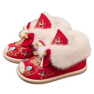 马年女童红色绣花汉服鞋冬季加绒宝宝拜年棉鞋儿童过年唐装棉靴男