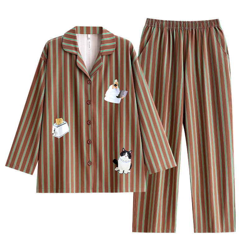 悦内睡衣女春秋季秋款长袖纯棉家居服条纹休闲可外穿出门时尚套装