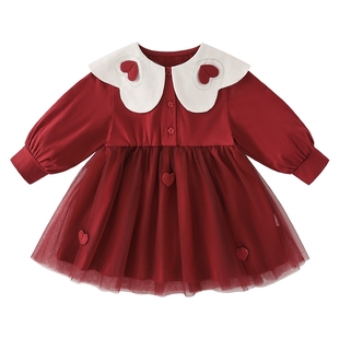 [抑菌锁温]女童红色连衣裙小童春秋公主纱裙宝宝秋装儿童秋季礼裙