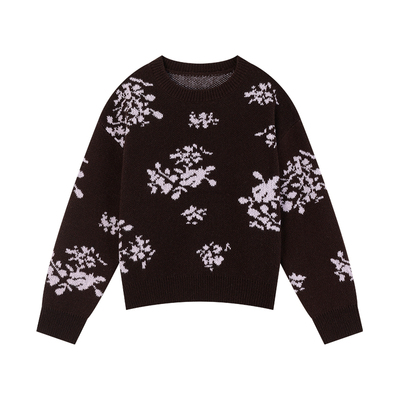 复古风圆领花卉撞色提花毛衣