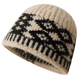 复古菱形提花针织渔夫帽韩国小众设计款毛线帽防寒护耳套头帽冬季