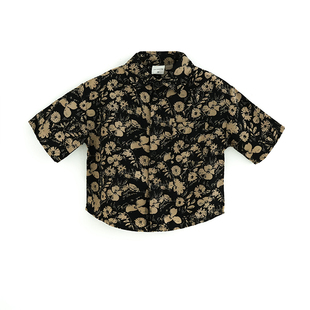 砚台家童装痞帅时髦男童黑色碎花短袖衬衫宝宝花衬衣男孩上衣夏季