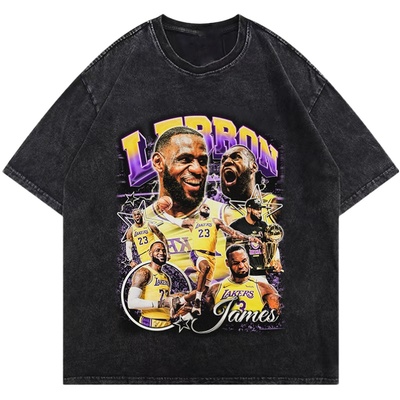 美式街头复古水洗做旧篮球球星詹姆斯vintageT恤短袖情侣半袖宽松