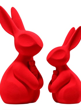 轻奢高档红色植绒兔子摆件电视柜酒柜装饰品客厅玄关结婚新年礼物