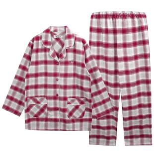 美标睡衣女全棉纯棉秋冬季梭织长袖长裤可外穿格子家居服套装
