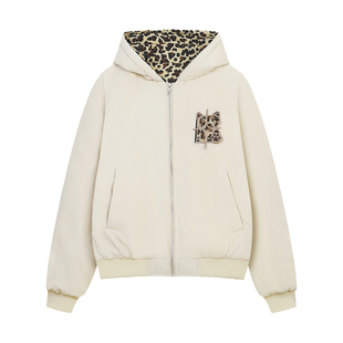 BIPOLAR豹纹贴布连帽棉服保暖宽松休闲美式外套厚冬情侣款潮流