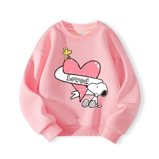 史努比女童春装2026新款上衣大童加绒保暖套头衫儿童粉色圆领卫衣